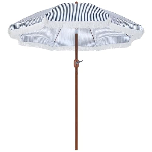 Yaheetech Ombrellone da Spiaggia Giardino Inclinabile con Frange 215 cm in Poliestere e Metallo con Borsa per Trasporto Protezione UV Esterno Cortile Piscina Blu e Bianco