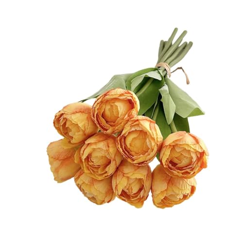 Gettimore Bouquet di tulipani artificiali a 9 teste con bordi bruciati, fiori primaverili in seta per la decorazione di casa e matrimoni, decorazione per soggiorno e sala da pranzo, giallo e arancione