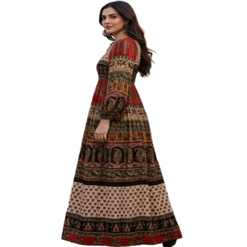 Image of Women's Cotton Dress Jaipuri Sanganeri Print Midi Long Dress Printed Fit and Flare Maxi Dress A-Line Gown Dress Maxi Skirt, Mandala (Free Size)