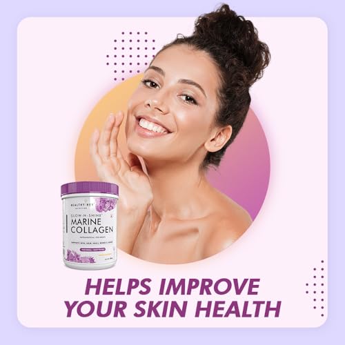 HealthyHey Glow-n-Shine® Marine Collagen Powder - Hydrolyzed | Type 1 Collagen Protein Supplement with Hyaluronic Acid | Amino Acids for Skin, Hair, Nails (Lemon,200g)