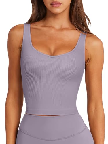 LASLULU Tank Tops for Women 2025 Sexy Sports Bra V Neck Seamless Ribbed Workout Yoga Gym Bra Pilates Tops Activewear(Hazy Lilac Medium)