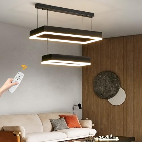 Image of Mikeru Restaurant Hanging Lights, 40+60CM Dining Table Rectangle Pendant Lights 3000K/4500K/6000K Remote Control Dining Room Light 10%-100% Dimmable Modern Kitchen Island Ceiling Light for Living Room