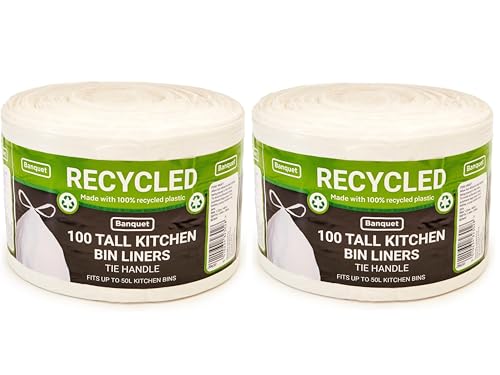 Banquet Recycled 100 Tie Handle Tall Kitchen Bin Liners, White (2 Pack - 200 Bags)