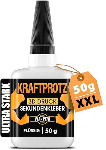3D Druck Sekundenkleber Flüssig extra stark – 50 g XXL Superkleber wasserfest, hitzebeständig & transparent – Anti-Austrocknungs-Spitze – KRAFTPROTZ für PLA, ABS, PETG, TPU & 3D-Druck-Zubehör