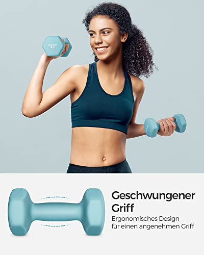 Foto von SONGMICS Set mit 2 Kurzhanteln, 2 x 2 kg, hantelförmig, kurz, sechseckig, Neopren-Beschichtung, für Muskelaufbau, Training, Fitness, für Zuhause, hellblau SYL904Q01