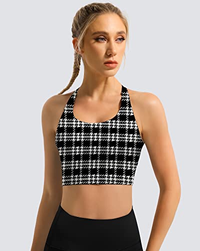 Gym Rainbow Women's Strappy Longline Sports Bra Crisscross Back Medium Support Padded Workout Tank Yoga Crop Top(#1 Matts Houndstooth,Large) #TOP2