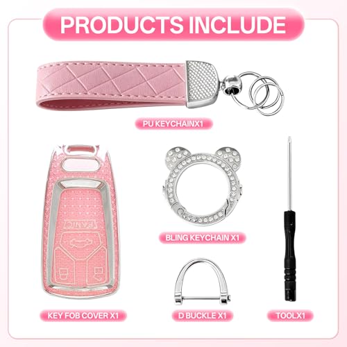 for Audi Key Fob Cover with Keychain,Soft TPU Protector Bling Car Keys Case Shell Compatible with Audi A6 A7 A8 / S4 S5 S8 SQ5 SQ7 / RS4 RS5 R8 TTRS TTS TT / B9 C8 D5 F5 Q2 / FY 4M FV (Silver Pink) — view 3
