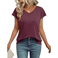 LILLUSORY V Neck T Shirts for Women Cap Sleeve Business Casual Tops Summer Cute Beach Vacation Clothes Basics Tees WineRed S