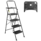 BOCOM 4 Step Ladder, Lightweight Portable Folding Sturdy Steel Step Stool with Tool Platform, Convenient Handgrip, Anti-Slip Wide Pedal, Heavy Duty 330 lbs Capacity, for Home, Kitchen, Adults, Black