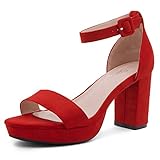 Shoe Land Platform Heels for Women | 3.75 Inch Chunky Block Heeled Sandals with Ankle Strap | Open Toe Strappy High Heels for Wedding, Party & Formal Events, 0623Red, Size 9.0, SL-Cabrini