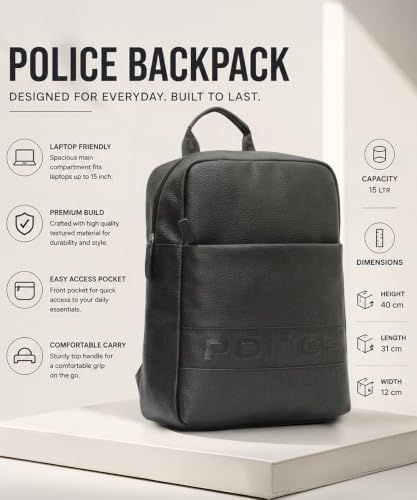 Image of Police Premium Laptop Backpack for Men | Stylish Vegan Leather Backpack with Padded Laptop Compartment | Front Utility Pocket & Padded Shoulder Straps | Travel, Office & College Backpack | Black