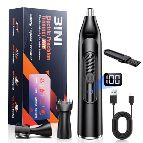 Nose Hair Trimmer for Men and Women 3-in-1 Rechargeable & Painless Dual-Edge Blades Nose Trimmer/Scissors Ear & Eyebrow & Sideburn & Facial Hair Removal Kit with IPX7 120 Min Runtime LED Display USB