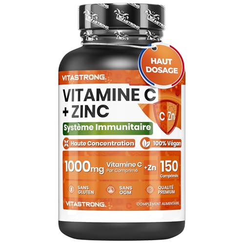Vitamine C 1000mg Zinc Vitastrong Vegan, 1 Comprimé/Jour (pour 5 Mois) Qualité Premium, Complément Vitamine C Zinc Haut Dosage pour Fatigue, Système Immunitaire Adulte & Peau (EFSA)