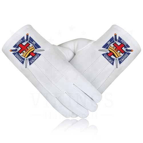 Vikings Handicraft Masonic Knight Templar Gloves – Embroidered Knights of Templar Emblem | 100% White Cotton, Elastic Fit | Standard Large Size for Comfort and Durability