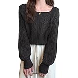 [J-Scott] [ジェイスコット] ニット レディース セーター プルオーバー ケーブル編み スクエアネック パフスリーブ ショート丈 ブラック JS125-BK-L