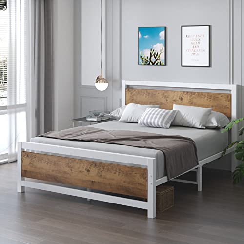 Catrimown Queen Platform Metal Bed Frame With Wooden Headboard And Footboard/Rustic Country Style Mattress Foundation/No Box Spring Needed/Under Bed Storage/Strong Slat Support (White, Queen) #TOP4