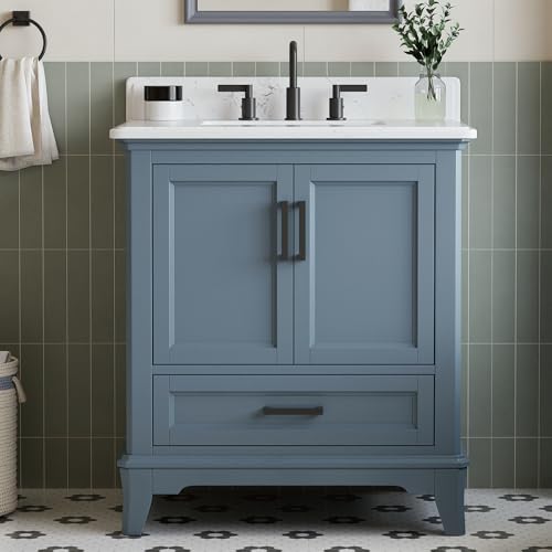 DELUXE LIVING 30 Inch Bathroom Vanity with Sink, Fully Assembled Bathroom Vanities with Quartz Countertop & Backsplash, 30 Inch Vanity with Sink, Soft Closing Doors & Dovetail Drawer, Steel Blue