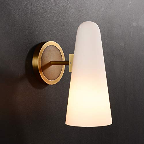 Image of Bianco Solid Brass Wall Sconce, Antique Finish with Milky White Frosted Glass Shade, Dimmable E26 Wall Lamp for Bedroom Living Room Bathroom Vanity, Handmade Vintage Lighting Fixture