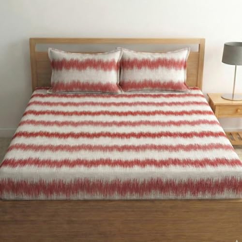 Image of Home Sizzler Microfibre Abstract Ikat Print All-Around Elastic Fitted Double Bedsheet (72 X 78 Inches) with 2 Pillow Covers - Red & White