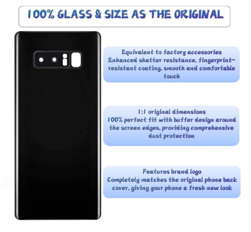 Image of Galaxy Note 8 Rear Back Cover Replacement with Pre-Installed Camera Lens+Tools+Pre-Adhesive for Samsung Galaxy Note 8 SM-N950 All Carriers (Black)