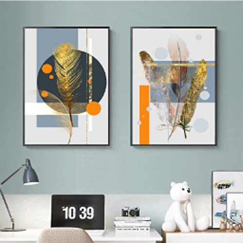 Peinture triptyque plume abstraite dorée 60x80cm art mural de qualité