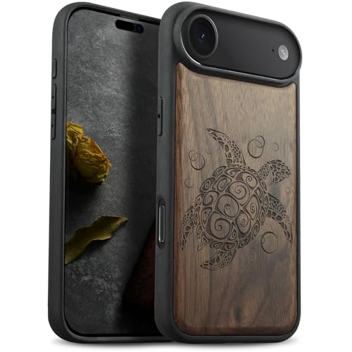 Coque iPhone 17 Air bois de noyer Carveit, étui gravé tortue symbole d'évasion