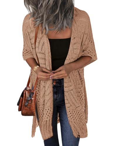 Image of HOTOUCH Womens Knit Cardigan Open Front Outwear Hollow Out Crochet Tassel Lightweight Kimonos Sweater S-XXL