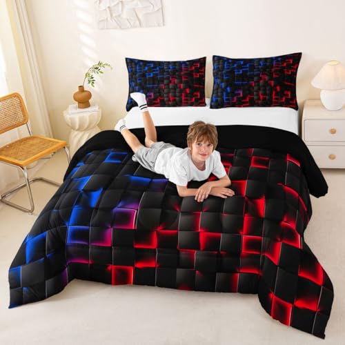 Image of Erosebridal Geometric Checkered Boys Bedding Set Full Size Neon Red Blue Comforter Set for Kids Teen Men Gamer Room Decor,Abstract Ombre Plaid Comforter Grids Quilt Duvet Black