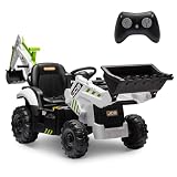 ENYOPRO 24V JCB Electric Backhoe Loader Toy Car for Kids, Battery Powered Ride on Excavator & Wheel Loader Construction Vehicle Toys w/Remote Control, Moving Parts, Adjustable Seat, Soft Start (White)