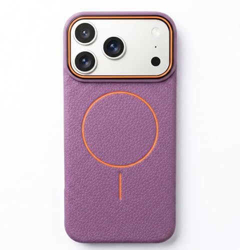 Image of amazon basics Luxury MagSafe Compatible Leather Texture Back Cover for iPhone 17 Pro Max | Raised Camera Protection | Slim Fit Shockproof Case with Metallic Accents (Purple)