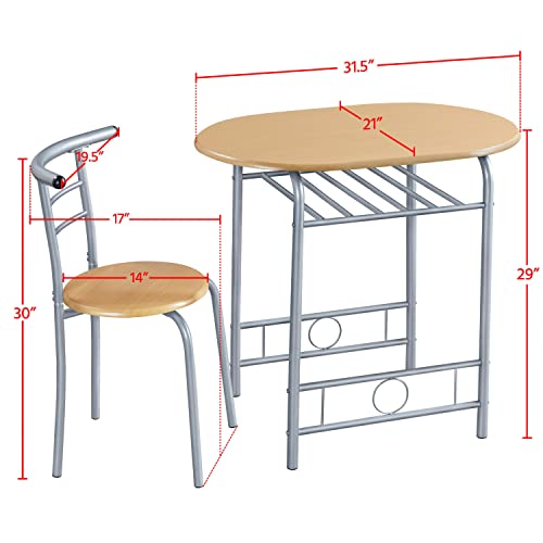 Yaheetech 3-Piece Dining Table Set, Kitchen Table & Chair Sets For 2, Compact Table Set W/Steel Legs, Built-In Wine Rack For Breakfast Nook, Small Space, Apartment, Natural #TOP2