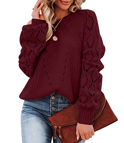 Image of Womens Fall Sweaters Fashion Crochet Long Sleeve Off The Shoulder Clothes Cute Crewneck Knit Pullover Jumper Tops