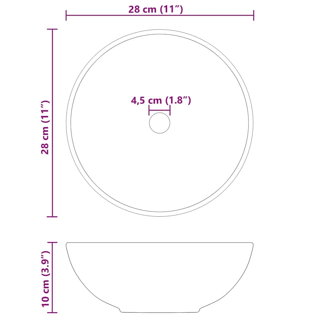 Lavabo nero lucido, diametro 28 x 10 cm, in ceramica, per bagno e cucina, moderno, con sifone di scarico e tappo per WC degli ospiti e lavandino