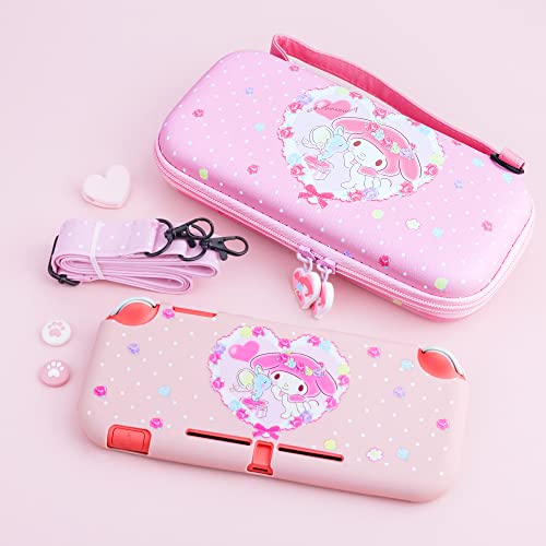 FUNDIARY Pink Carrying Case for Nintendo Switch Lite Accessories, Travel Case Bundle for Switch Lite with Soft TPU Protective Cover, Adjustable Shoulder Strap, Screen Protector and 2 Thumb Caps,Bunny
