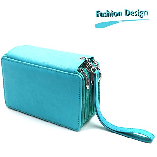 Youshares 72 Slots Pencil Case - Pu Leather Handy Multi-Layer Large Zipper Pen Bag With Handle Strap For Colored / Watercolor Pencil (Turquoise) #TOP5