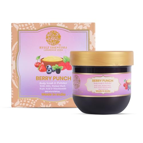 Image of RYLLZ ESSENTIALS Berry Punch Body Scrub & Polisher | with AHA, Walnut Shell, Kojic Acid, Niacinamide & Glycolic Acid | for Dead Skin Cells, Ingrown Hair & Skin Feeling Smoother /Polished | 200 ml