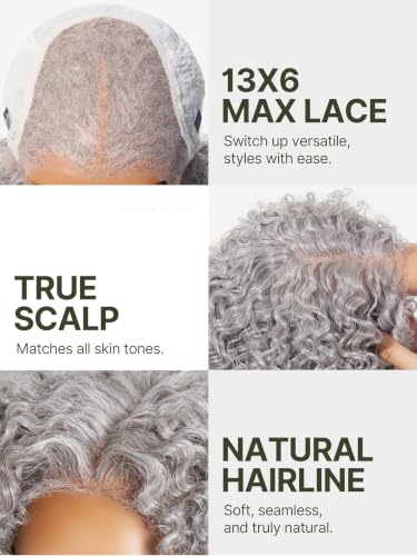 Image of Short Curly Wigs for Black Women 12 Inches Jerry Curly Wig Grey | 13x6 Frontal Lace Wig Glueless Wig Veralux Fiber Blend Human Hair 200% Density Ready to Go Headband Wig