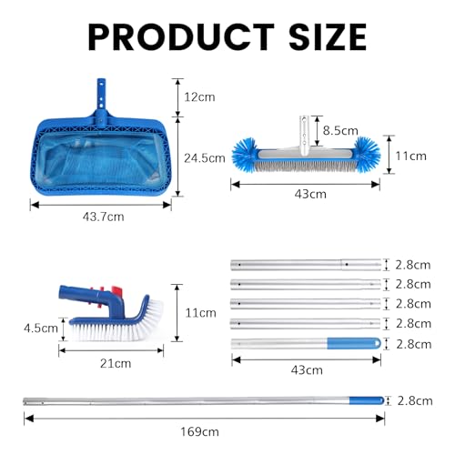 LALAGO Pool Reinigungsset, 4 Stück Pool Zubehör Reinigung Set, comprend 17″Poolbürste & Drehbare Handscheuerbürsten & 175cm Aluminium Griff & Pool Kescher, Professionelles Pool Reinigungsset – Bild 5