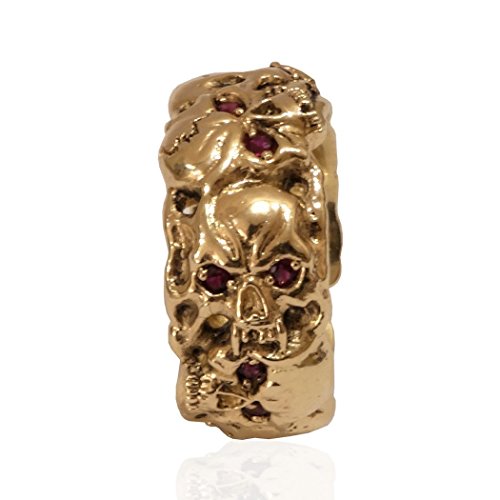 Masonic Memento Mori 10K Gold Skull Band Men’s Ring, Ruby Color Stones #TOP6