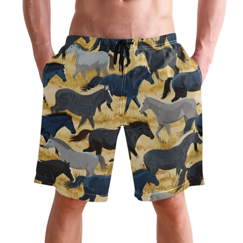 Men's Swim Trunks Quick Dry Swimming Shorts with Pocket Horses Running on Golden Background Swimsuit Trunks