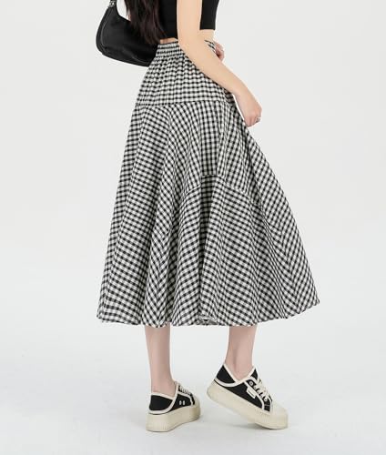Womens 2024 Summer Plaid Midi Skirt High Waist A-Line Elastic Waist Pleated Swing Flowy Long Skirts2