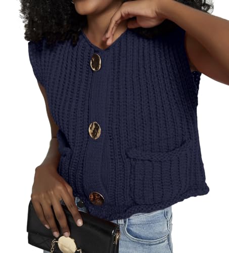 Image of Women's Sleeveless Crochet Cardigan Vest Casual Fashion Button Down Open Front Sweater Vest with Pockets