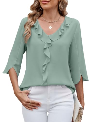 ABINGOO Damen Chiffon Bluse V-Ausschnitt Rüschensaum Loose Tunika 3/4-Ärmeln Elegant Tops Business Einfarbige Oberteile Pullover(Grün,XXL)