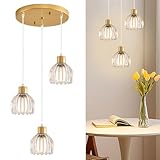 AHDWDW Gold Pendant Lights Kitchen Island,3-Light Adjustable Vintage Pendant Light Fixtures,Mid Century Modern with Transparent Glass Ceiling Chandelier for Dining Room,Hallway,Living Room,E26 Base