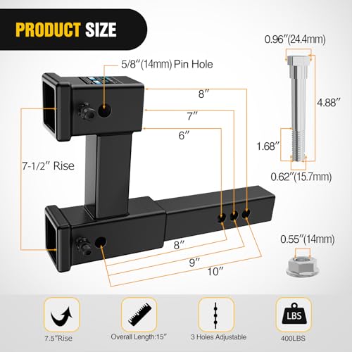 Image of Nilight Dual Hitch Extender to 10 Inch Max Extension Length with Hitchs Tightener Anti Rattle for 2 inch Receiver with 5 /8 inch Bolt Nut Clip Adjust 7-1 /2 inch Riser or Drop 4,000 lbs GTW Matte Black