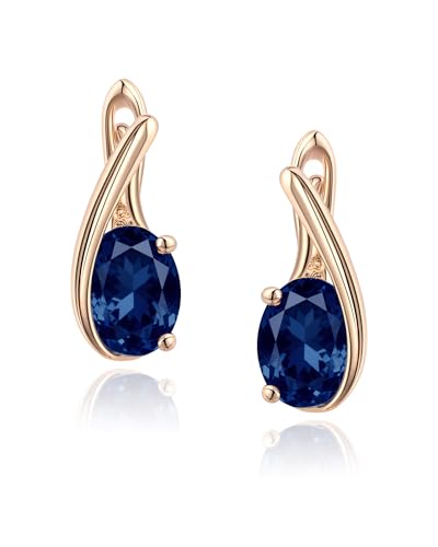Hypoallergenic Small Blue Sapphire Hoop Earrings for Women | Rose Gold Plated Teardrop Jewelry | 8MM Oval Navy Blue Birthstone-Like Gift for Weddings, Sensitive Ears & Daily Luxury
