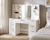 AMERLIFE 47.2' Fluted Vanity Desk with Mirror and Adjustable LED Lights, Large...