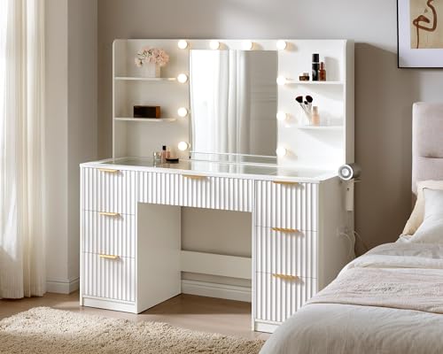 AMERLIFE 47.2" Fluted Vanity Desk with Mirror and Adjustable LED