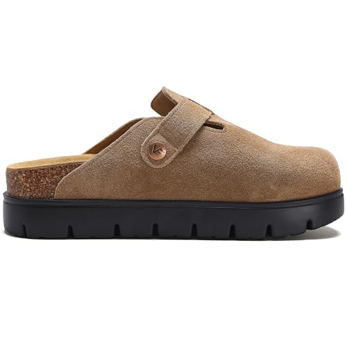 Image of Women's Suede Platform Clogs Leather Mules Slip On Indoor Outdoor Shoes | Arch Support, Cork Footbed, Adjustable Buckle,Water Resistant Upper,All Day Comfort