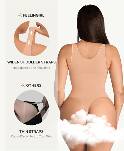 Image of FeelinGirl Shapewear Bodysuits for Women Tummy Control Thong Seamless V Neck Compression Body Suits Corset Top